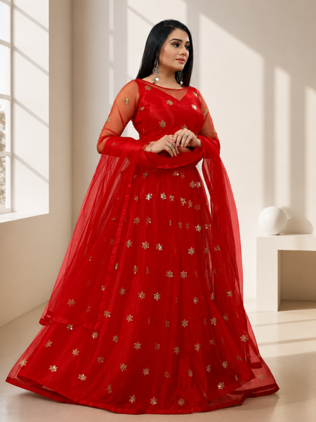 Embroidered Semi Stitched Lehenga Choli (Red)