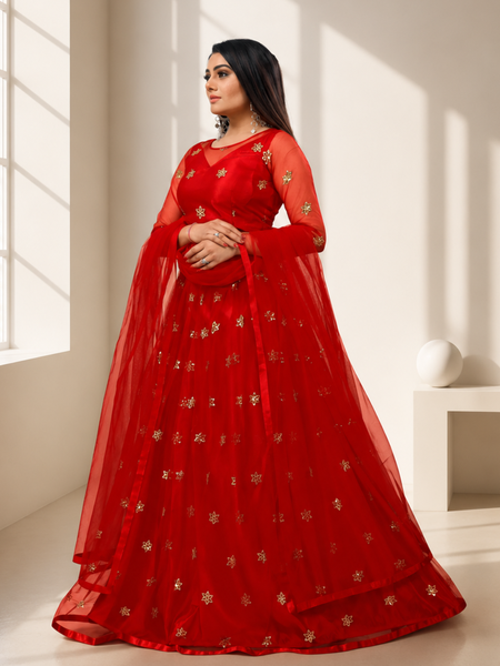 Embroidered Semi Stitched Lehenga Choli (Red)