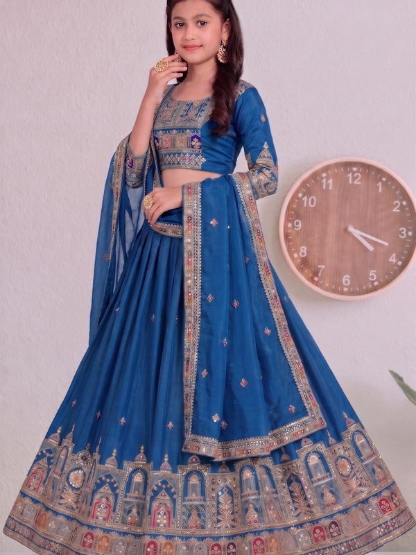 Embroidered Party Wear Semi-Stitched  Lehenga Choli Set (Firozi)