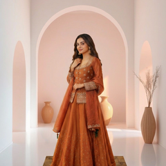 Stylish Embroidered Kurta Set with Dupatta (Orange)