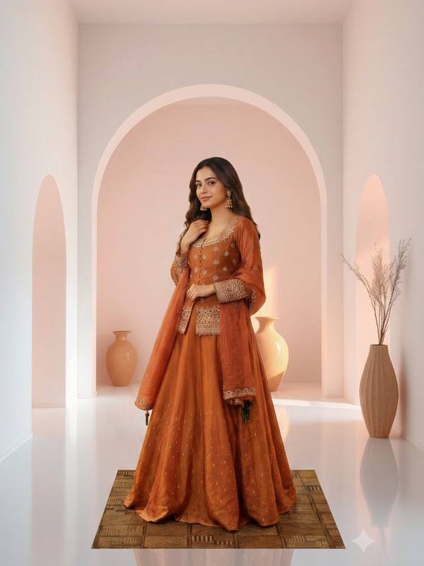 Stylish Embroidered Kurta Set with Dupatta (Orange)