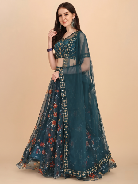 Embroidered Semi Stitched Lehenga Choli (Green)