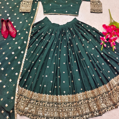 Embroidered Semi Stitched Lehenga Choli (Green)