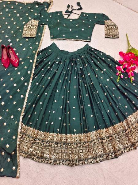 Embroidered Semi Stitched Lehenga Choli (Green)