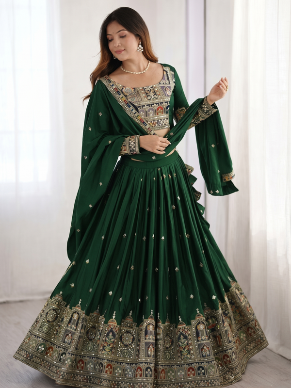 Embroidered Semi Stitched Lehenga Choli (Green)