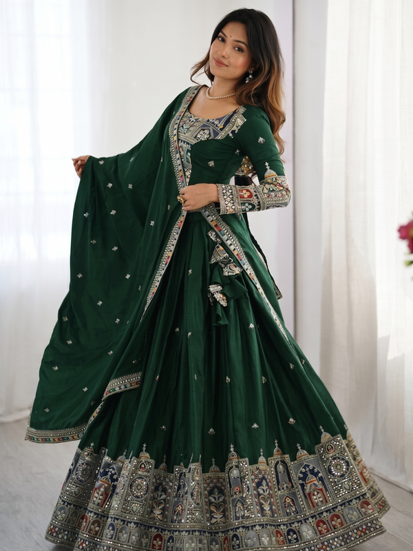Embroidered Semi Stitched Lehenga Choli (Green)