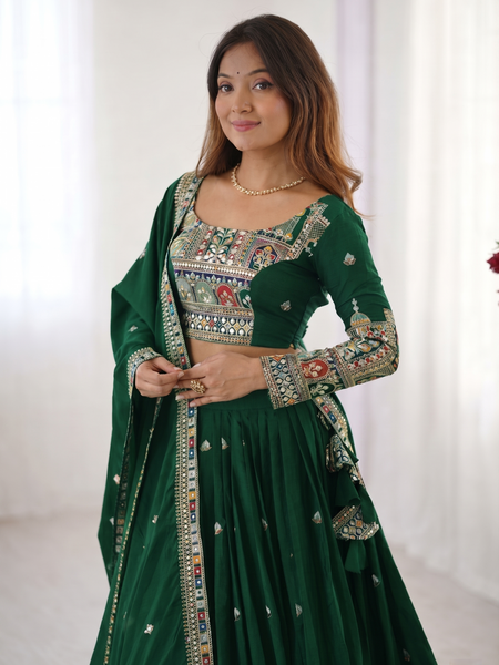 Embroidered Semi Stitched Lehenga Choli (Green)
