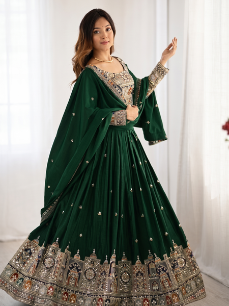 Embroidered Semi Stitched Lehenga Choli (Green)