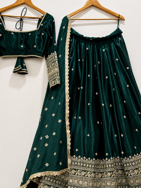 Embroidered Semi Stitched Lehenga Choli (Green)
