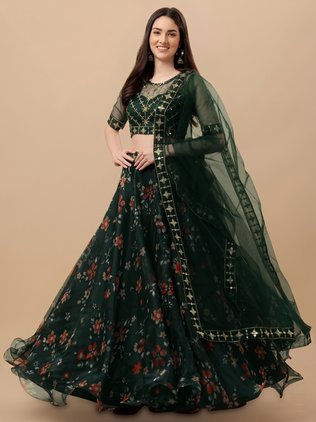 Embroidered Semi Stitched Lehenga Choli (Green)