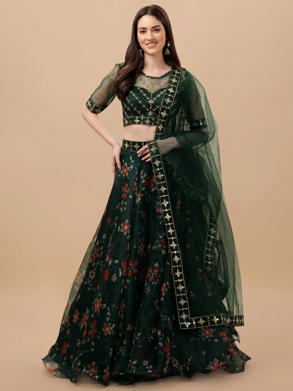 Embroidered Semi Stitched Lehenga Choli (Green)