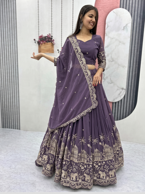 Embroidered Semi Stitched Lehenga Choli (Purple)