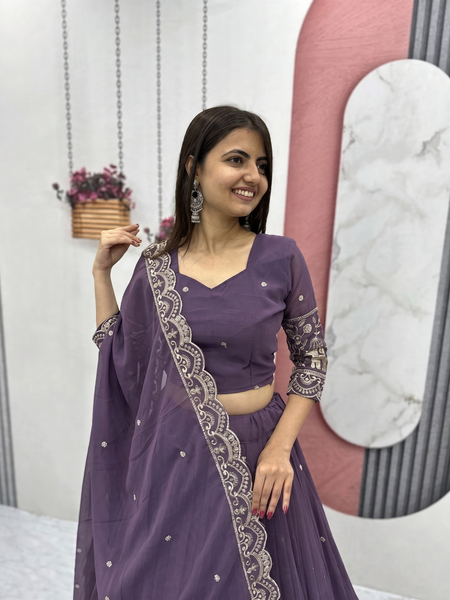 Embroidered Semi Stitched Lehenga Choli (Purple)