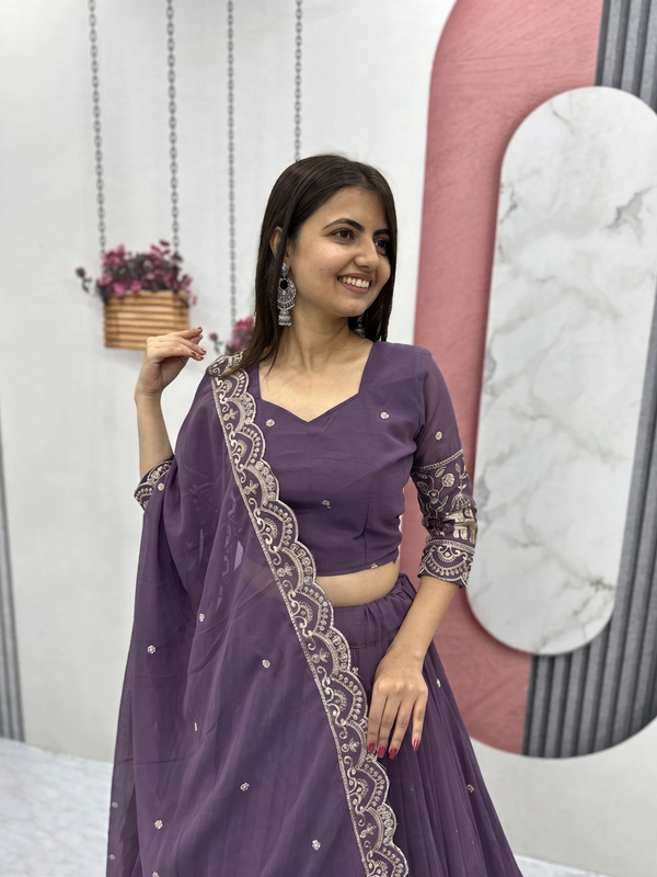 Embroidered Semi Stitched Lehenga Choli (Purple)