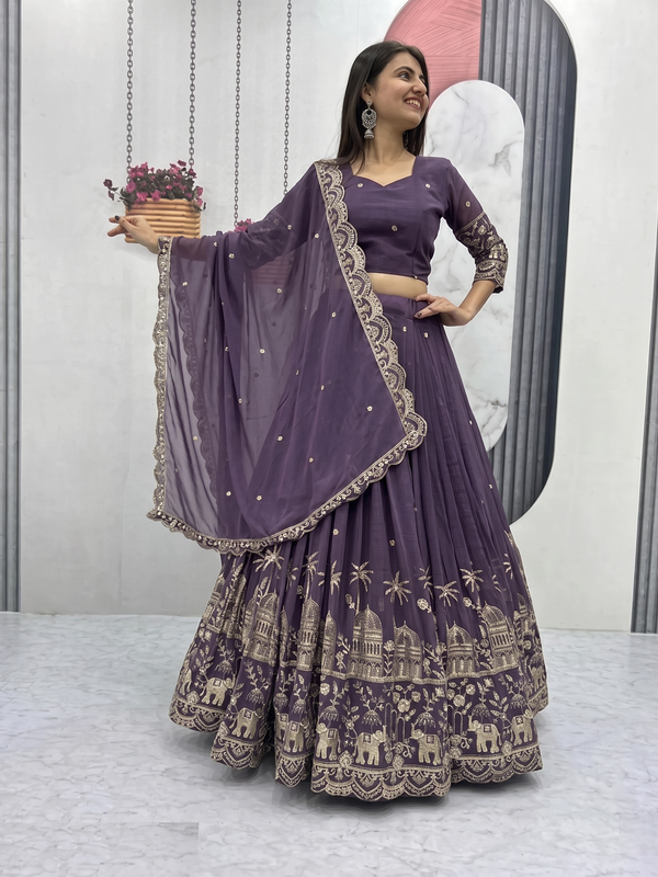 Embroidered Semi Stitched Lehenga Choli (Purple)