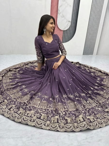 Embroidered Semi Stitched Lehenga Choli (Purple)