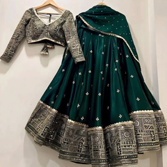 Embroidered Semi Stitched Lehenga Choli (Dark Green)
