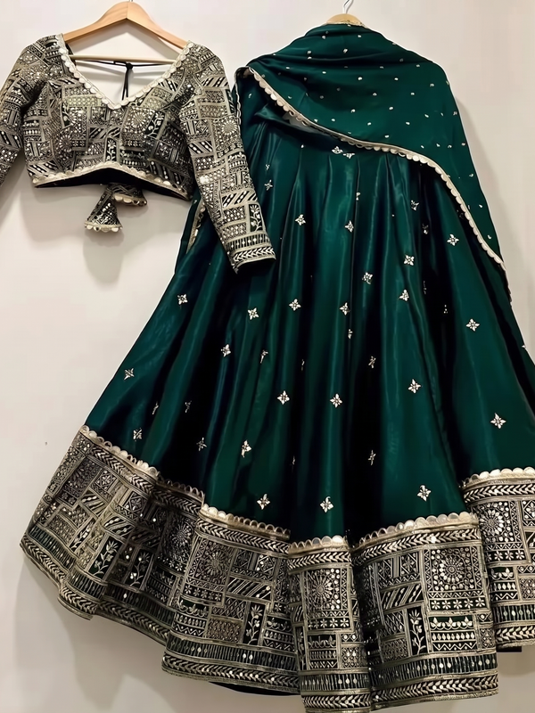 Embroidered Semi Stitched Lehenga Choli (Dark Green)