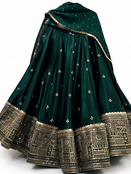 Embroidered Semi Stitched Lehenga Choli (Dark Green)
