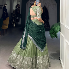 Self Design Semi Stitched Lehenga & Crop Top (Dark Green, Green)