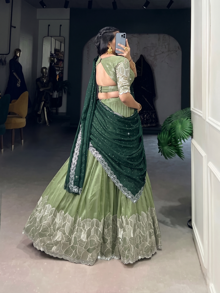 Self Design Semi Stitched Lehenga & Crop Top (Dark Green, Green)