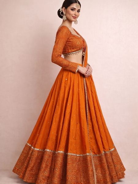 Embroidered Semi Stitched Lehenga Choli (Orange)