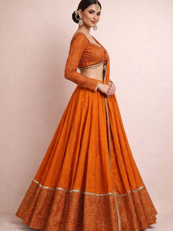 Embroidered Semi Stitched Lehenga Choli (Orange)