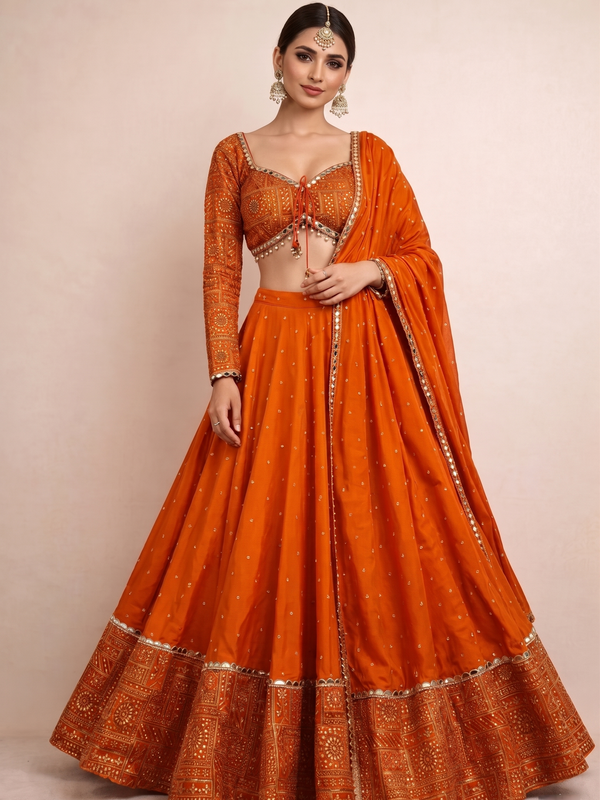 Embroidered Semi Stitched Lehenga Choli (Orange)