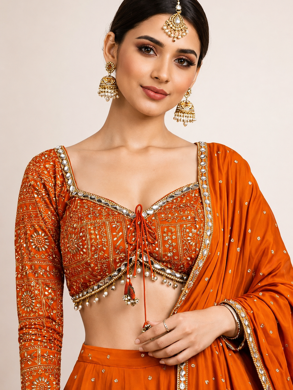 Embroidered Semi Stitched Lehenga Choli (Orange)