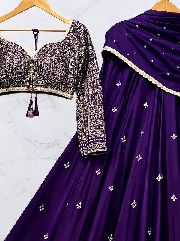 Embroidered Semi Stitched Lehenga Choli (Purple)