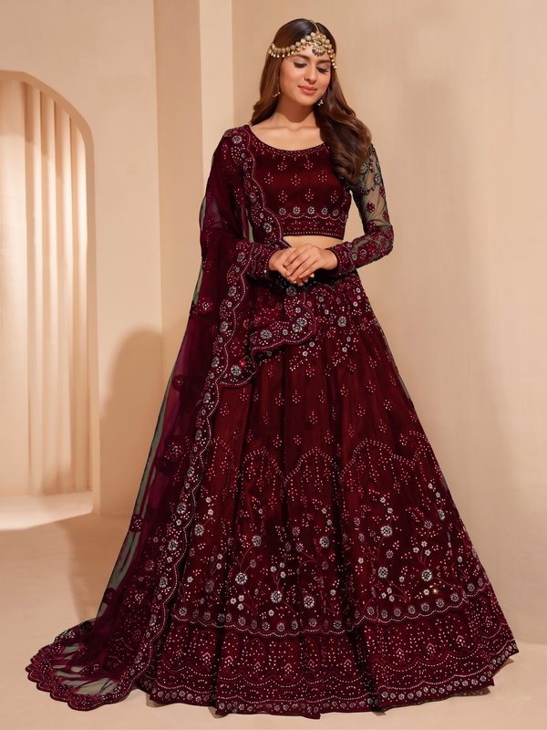 Embroidered Semi Stitched Lehenga Choli (Maroon)