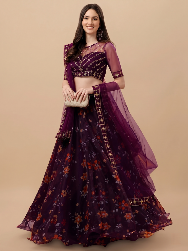 Embroidered Semi Stitched Lehenga Choli (Maroon)