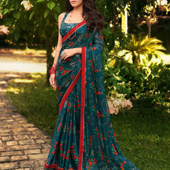 Rama Green Chiffon Floral Foil Print Saree