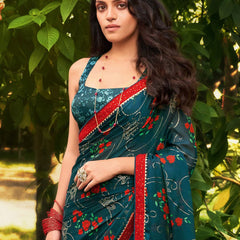 Rama Green Chiffon Floral Foil Print Saree