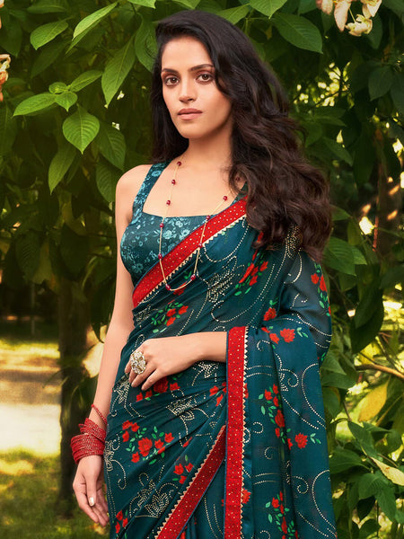 Rama Green Chiffon Floral Foil Print Saree