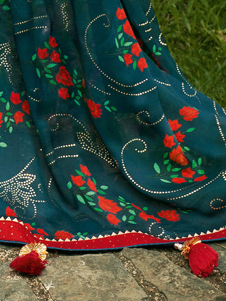 Rama Green Chiffon Floral Foil Print Saree