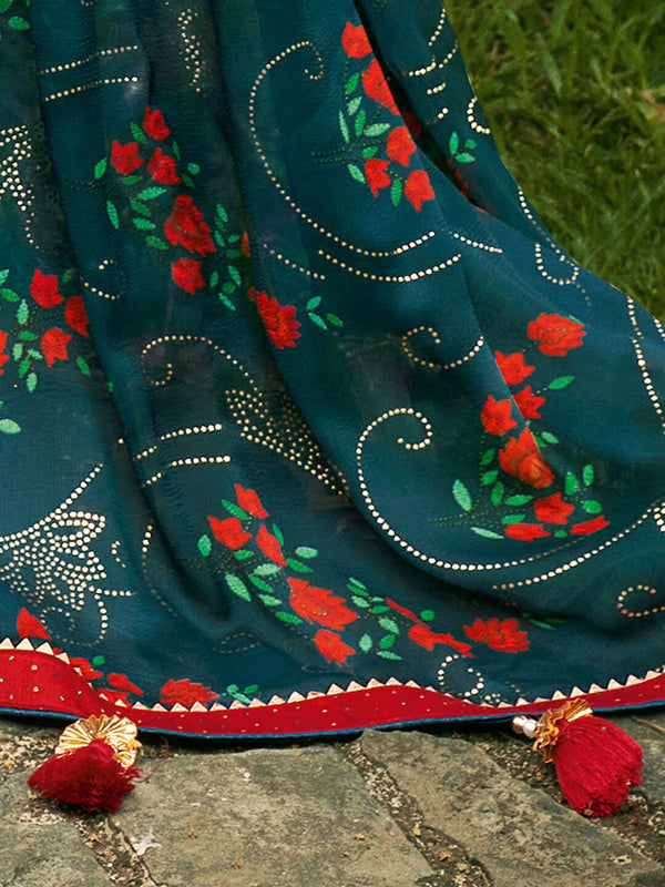 Rama Green Chiffon Floral Foil Print Saree