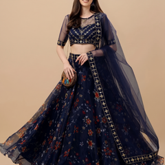 Embroidered Semi Stitched Lehenga Choli (Blue)