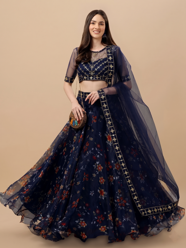 Embroidered Semi Stitched Lehenga Choli (Blue)