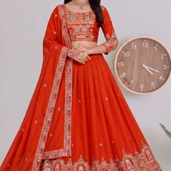 Embroidered Party Wear Semi-Stitched  Lehenga Choli Set (Orange)