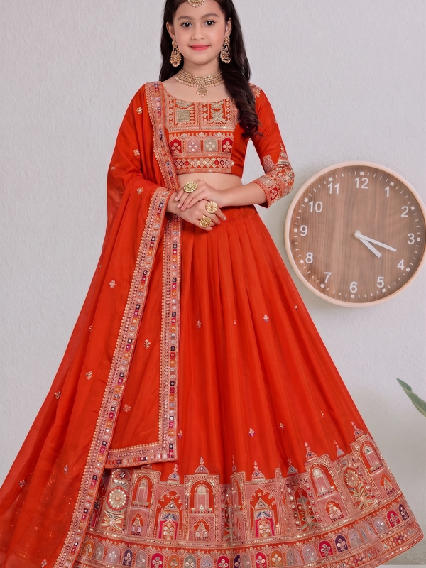 Embroidered Party Wear Semi-Stitched  Lehenga Choli Set (Orange)