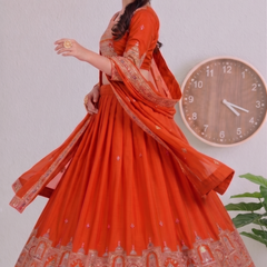 Embroidered Party Wear Semi-Stitched  Lehenga Choli Set (Orange)