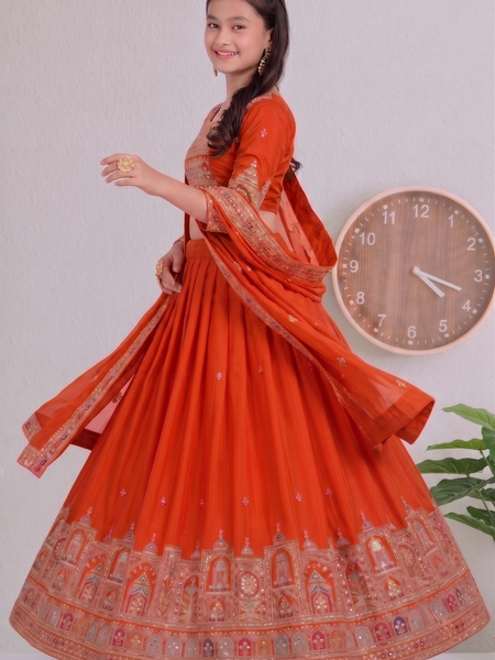 Embroidered Party Wear Semi-Stitched  Lehenga Choli Set (Orange)