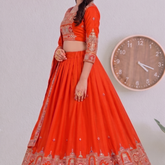 Embroidered Party Wear Semi-Stitched  Lehenga Choli Set (Orange)