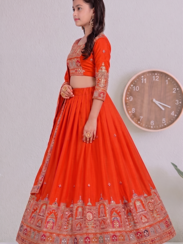 Embroidered Party Wear Semi-Stitched  Lehenga Choli Set (Orange)