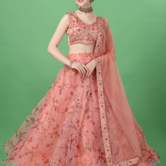Printed Semi Stitched Lehenga Choli (Orange)