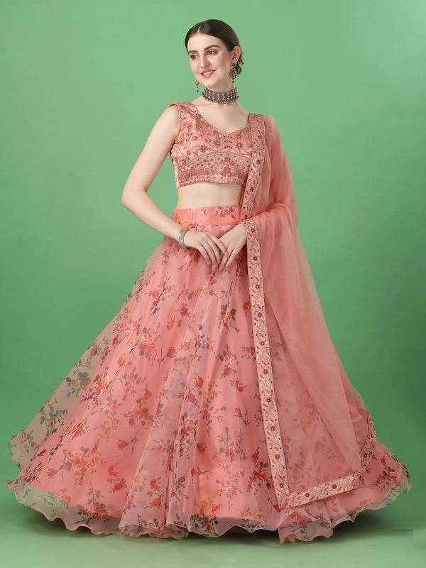 Printed Semi Stitched Lehenga Choli (Orange)