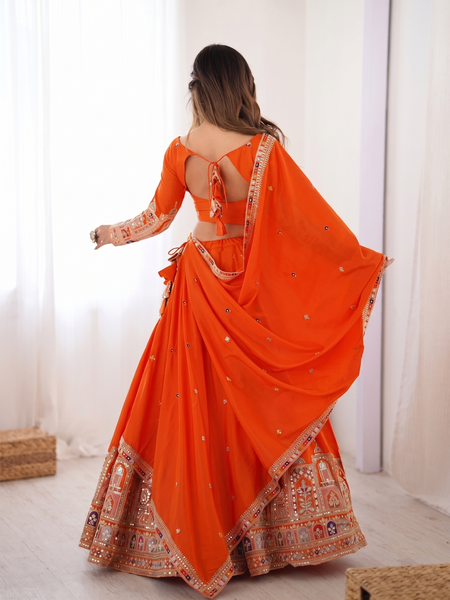 Embroidered Semi Stitched Lehenga Choli (Orange)