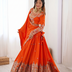 Embroidered Semi Stitched Lehenga Choli (Orange)