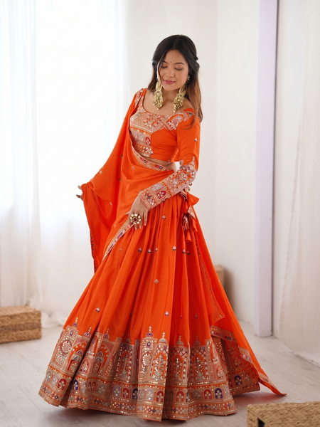 Embroidered Semi Stitched Lehenga Choli (Orange)
